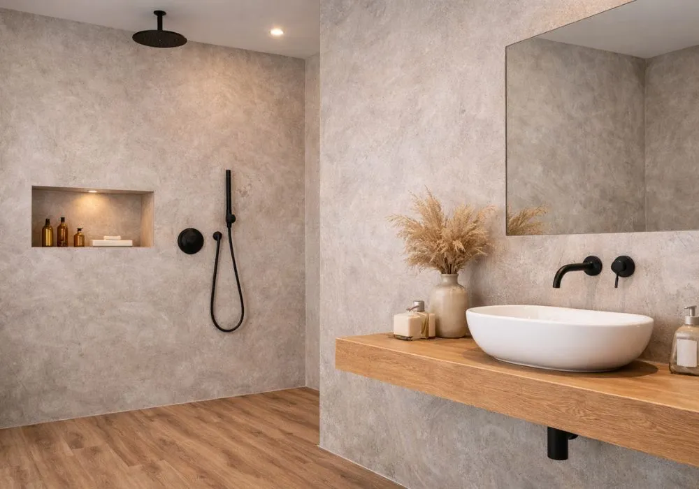 Modernes Bad mit Vinylboden in warmer Holzoptik, mineralisch wirkenden Wandflächen, bodengleicher Dusche und reduziertem Waschplatz mit Holzkonsole.