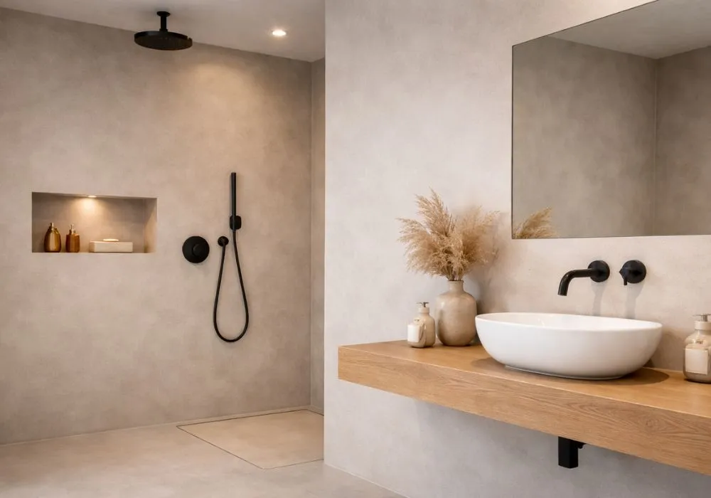 Modernes Badezimmer mit fugenlosen Spachtel- und Mikrozement-Oberflächen an Wand, Boden und Dusche sowie Holzwaschtisch und schwarzen Armaturen.