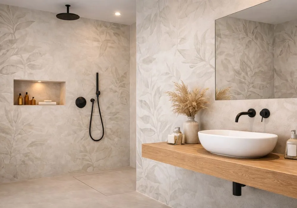 Modernes Badezimmer mit wassergeeigneter Feuchtraumtapete in dezentem Blattmuster, bodengleicher Dusche, Holzwaschtisch und ruhiger, natürlicher Farbgestaltung.