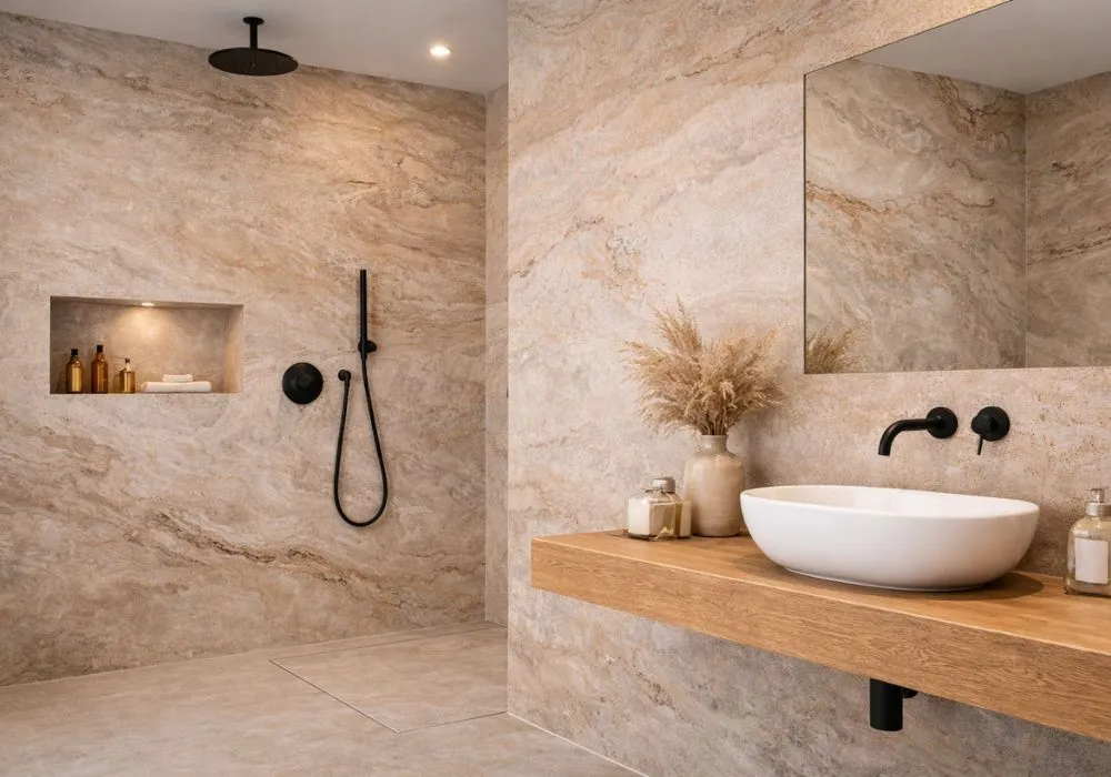 Hochwertiges Badezimmer mit Natursteinoberflächen in warmer Beigeoptik, bodengleicher Dusche, Holzwaschtisch und eleganten schwarzen Armaturen.