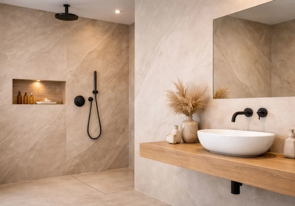 Modernes Badezimmer mit großflächigen Wandpaneelen und Duschrückwand in heller Steinoptik, bodengleicher Dusche, Holzwaschtisch und schwarzen Armaturen.