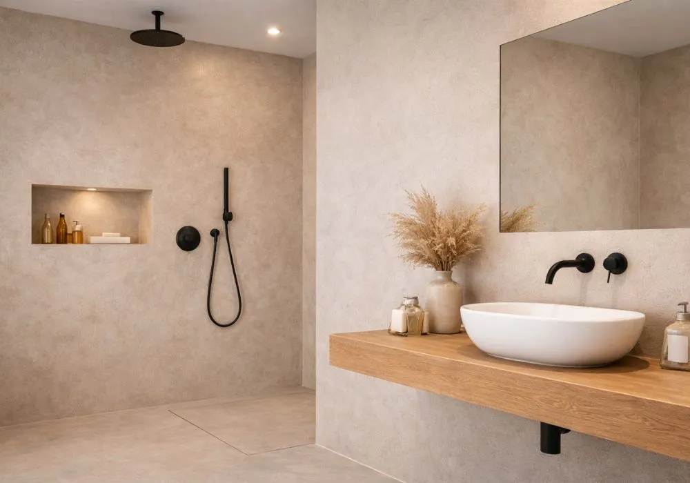 Helles Bad mit mineralischen Oberflächen und feiner Putzstruktur an Wänden und Dusche, kombiniert mit schlichtem Waschplatz und mattschwarzen Armaturen.