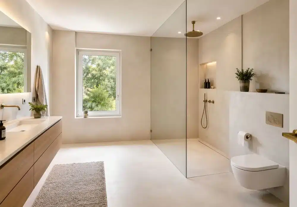 Echtes Badezimmer mit fugenlosen Wand- und Bodenflächen in ruhiger, heller Gestaltung