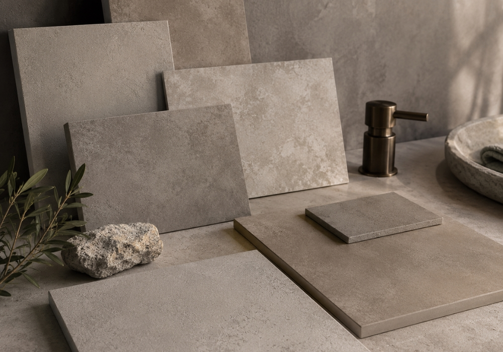 Materialmuster für fugenlose Oberflächen im Bad