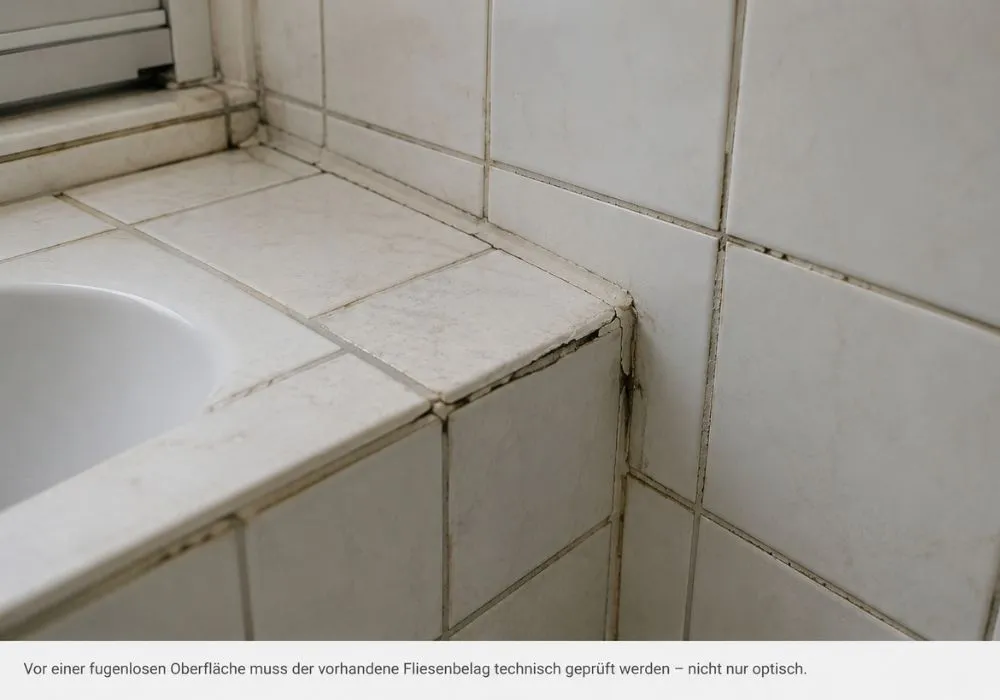 Alter Fliesenbelag im Bad mit Fugen als Untergrund für fugenlose Oberfläche