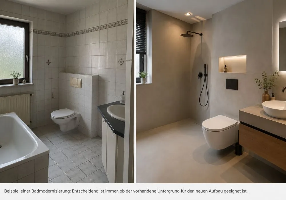Bestehendes gefliestes Bad vor fugenloser Modernisierung