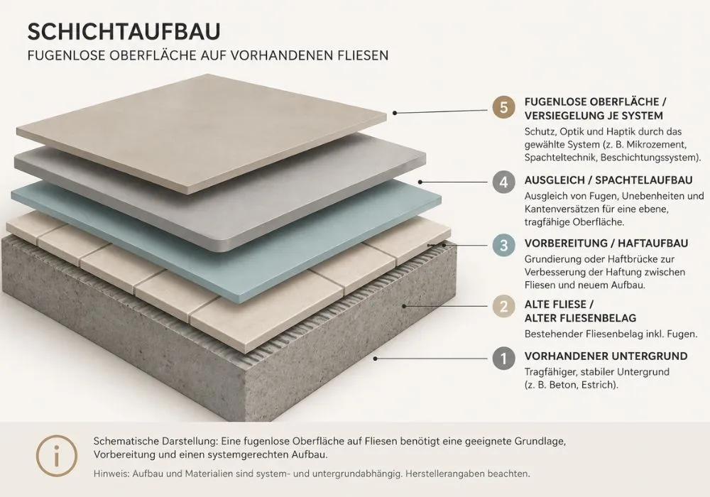 Schematischer Schichtaufbau fugenlose Oberfläche auf alten Fliesen im Bad